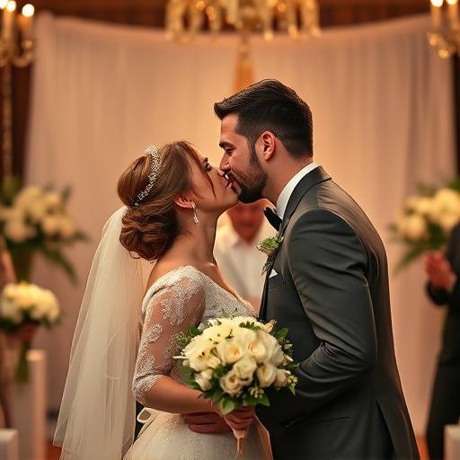 BR Um casal se beijando apaixonadamente durante a cerimônia de casamento com um fotógrafo capturando o momento BR
