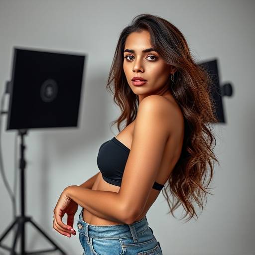BR Uma modelo posando para um book fotográfico em um estüdio profissional com iluminaäão e equipamentos BR