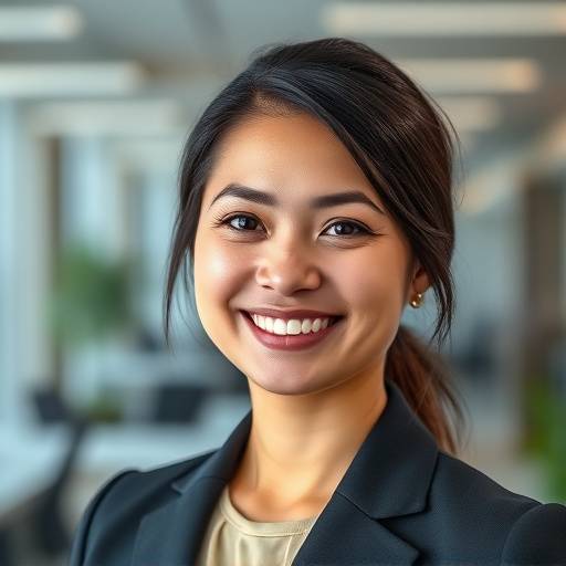 Retrato profissional de uma mulher sorrindo com um fundo desfocado de escritório